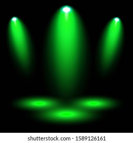 spotlight background. Green Spot lighting illumination on dark background. Bright lighting Vector Illustration