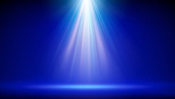 Spotlight Background. Illuminated Blue Stage. Divine Radiance, God. Backdrop For Displaying Products. Bright Beams Of Spotlights, Shimmering Glittering Particles, A Spot Of Light. Vector Illustration