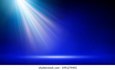Spotlight background. Illuminated blue stage. Divine radiance, god. Backdrop for displaying products. Bright beams of spotlights, shimmering glittering particles, a spot of light. Vector illustration - Shutterstock ID 1991279492