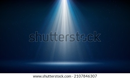 Spotlight background. Illuminated blue stage. Divine radiance. Backdrop for displaying products. Bright beams of spotlights, shimmering glittering particles, a spot of light. Vector illustration Stockfoto © 