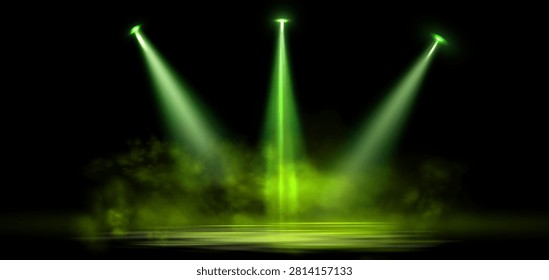 Spotlight background light, stage green smoke or haze, overlay overlay effect on a dark background, magic fog, vapor on floor. Abstract vector illustration