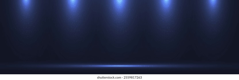 Spotlight background. Rays with glitter effect. Empty space with spotlights and dust. Award ceremony light. Stage with soft beams. Product display template. Vector illustration.