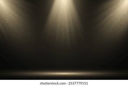 Spotlight-Hintergrund. Bühne mit goldenen Lichtern. Vorlage für die Preisverleihung. Goldene Scheinwerfer mit fliegenden Teilchen. Siegerpodiumkonzept. Elegantes Jubiläumsdesign. Vektorgrafik.