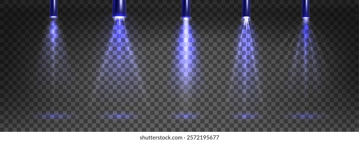 Spotlight beam with glitter collection - blue glow on transparent background. Different luminous rays and light intensity shapes. Cylindrical projector searchlight design or entertainment effects.