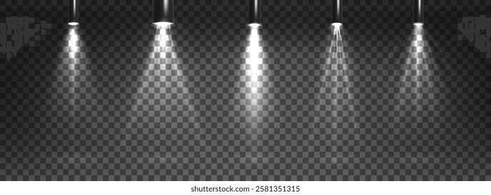 Spotlight beam set on transparent background - ceiling mounted projectors with bright glow, illuminated downward rays in different shapes and brightness levels. Lighting effects for stage presentation
