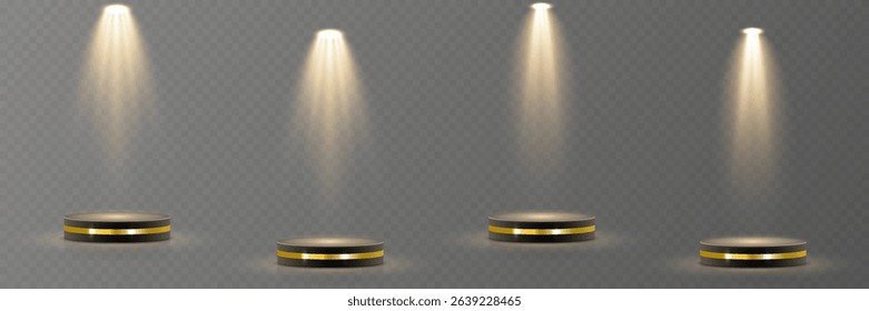 Spotlight beams form perfect circles on dark stage. Realistic light rays shine from high above. Stage lights cast dramatic shadows for theater. Focused projector adds depth to web layout.