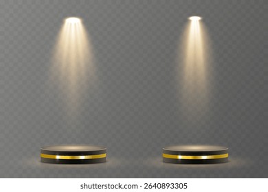 Spotlight beams form perfect circles on dark stage. Realistic light rays shine from high above. Stage lights cast dramatic shadows for theater. Focused projector adds depth to web layout.