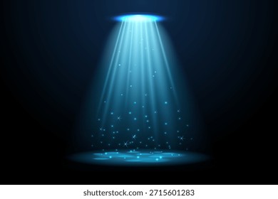 Feixes de holofote iluminam o palco vazio.