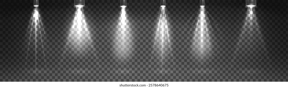 Spotlight beams set isolated on transparent background. Vector realistic illustration of stage light beams, theater, concert, nightclub show, disco club illumination, scattered lamp rays glowing