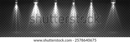 Spotlight beams set isolated on transparent background. Vector realistic illustration of stage light beams, theater, concert, nightclub show, disco club illumination, scattered lamp rays glowing