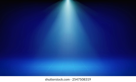 Plano de fundo do palco azul de destaque. sala de estúdio interior minimalista iluminado por luz de spot ciano, piso da grade. Plano de fundo para exibir a apresentação dos produtos, publicidade. Exibição. Ilustração vetorial