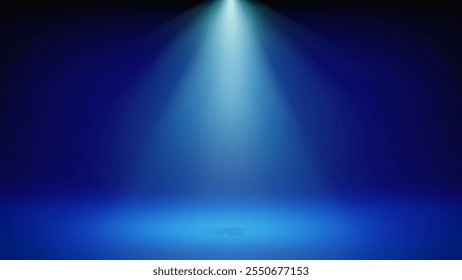 Spotlight blue stage background. Minimalist interior studio room illuminated by cyan spotlight. Backdrop for displaying products, presentation, advertising. Showcase. Vector illustration