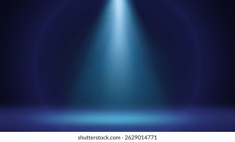 Plano de fundo do palco azul de destaque. Sala de estúdio interior minimalista iluminado por um holofote. Plano de fundo para exibição de produtos, apresentação e publicidade. Exibição. Ilustração vetorial