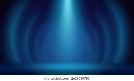 Plano de fundo do palco azul de destaque. Estúdio interior minimalista iluminado por holofotes. Tela de fundo exibindo produtos, apresentação, publicidade. Exibição. Gradiente circular. Ilustração vetorial