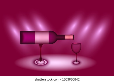 In the spotlight is a bottle of wine and a glass. The bottle is balanced on the stem of the second glass.