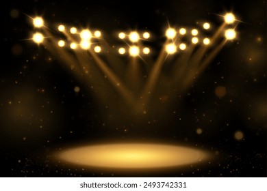 Spotlight. Bright colorful rays of stadium light from floodlights with empty space for stage. Beautiful template for the presentation of promotions, awards, gambling, web design.