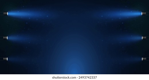 Foco. Brillantes rayos coloridos de luz del estadio de los focos con espacio vacío para el escenario. Hermosa Plantilla para la presentación de promociones, premios, juegos de azar, Diseño web.