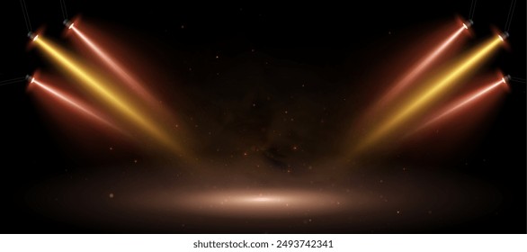 Spotlight. Bright colorful rays of stadium light from floodlights with empty space for stage. Beautiful template for the presentation of promotions, awards, gambling, web design.