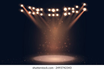 Spotlight. Bright colorful rays of stadium light from floodlights with empty space for stage. Beautiful template for the presentation of promotions, awards, gambling, web design.