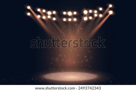 Spotlight. Bright colorful rays of stadium light from floodlights with empty space for stage. Beautiful template for the presentation of promotions, awards, gambling, web design.