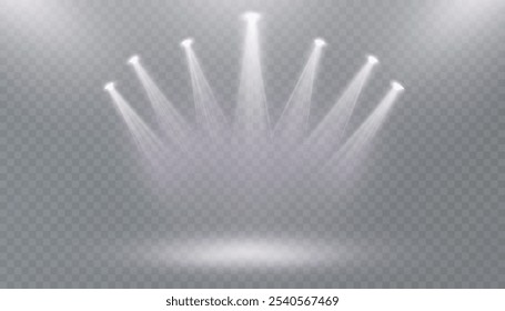 Spotlight with bright light beams and glare for lighting stages and stadium stands. Light projection studio beams for lighting concert stages, club shows. Vector