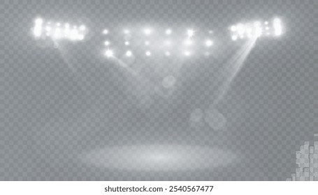 Foco con rayos de luz brillantes y deslumbramiento para escenarios de iluminación y gradas de estadio. Rayos de estudio de proyección de luz para iluminar escenarios de conciertos, espectáculos de clubes. Vector