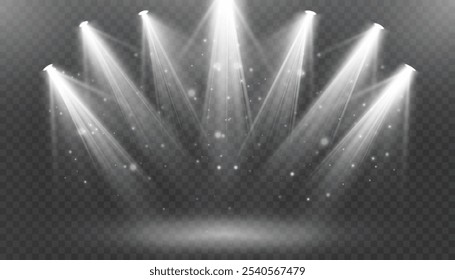 Spotlight with bright light beams and glare for lighting stages and stadium stands. Light projection studio beams for lighting concert stages, club shows. Vector