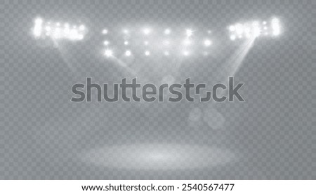 Spotlight with bright light beams and glare for lighting stages and stadium stands. Light projection studio beams for lighting concert stages, club shows. Vector