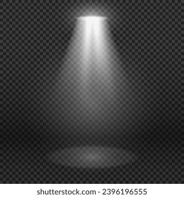 A spotlight with a bright white light illuminating the stage on a transparent background. The effect of illumination from the projector. Vector illustration.