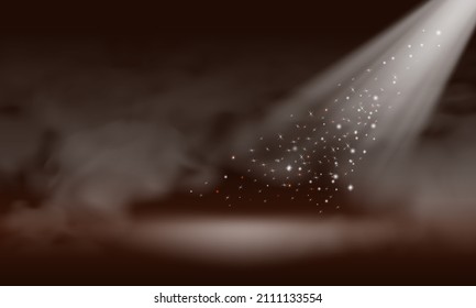 Spotlight with bright white light shining on brown background and smoke. vector illustration