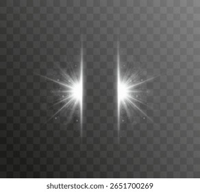 Spotlight burst with magical glitter and sun flare on transparent background with bright light glow effect white ray sunshine sparkle sky star beam abstract vector blur

