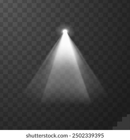 Spotlight cone effect vector illustration. White projector light beam from top. Bright lighting with spotlight isolated on transparent background. Realistic illuminated blur rays. Flashlight radiance