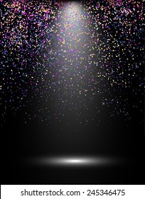 Spotlight with confetti explosion, abstract celebration background