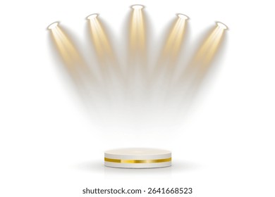 Spotlight cuts through silent stage air. Projector beam glows over velvet platform. Bright ray descends on darkened backdrop. Studio flare flickers with ambient shimmer. 