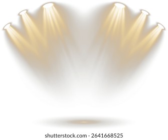 Spotlight cuts through silent stage air. Projector beam glows over velvet platform. Bright ray descends on darkened backdrop. Studio flare flickers with ambient shimmer. 