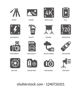 Spotlight, Delete, Tripod, Shades, Light meter, Photo camera, High quality, Photograph icon 16 set EPS 10 vector format. Icons optimized for both large and small resolutions.