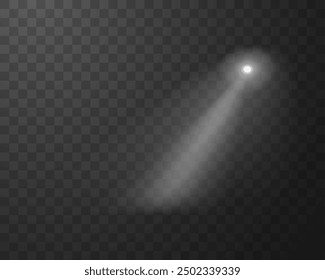 Spotlight effect, diagonally cone spotlight vector illustration. White projector light beam from top. Realistic illuminated blur rays. Bright lighting isolated on transparent. Flashlight radiance