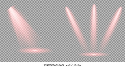 Ilustração iluminada do efeito de destaque. Raio de luz de estágio vermelho brilhante isolado em fundo transparente vazio. Conjunto vetorial de holofote isolado e iluminação de estúdio para seus designs em tons de vermelho.
