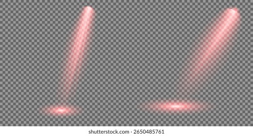 Spotlight effect illuminated illustration. Red glowing stage light ray isolated on empty transparent background. Vector Set of Isolated Spotlight and Studio Lighting for Your Designs in Shades of red.