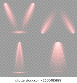 Spotlight effect illuminated illustration. Red glowing stage light ray isolated on empty transparent background. Vector Set of Isolated Spotlight and Studio Lighting for Your Designs in Shades of red.