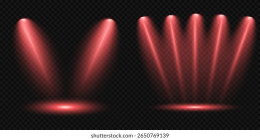 Spotlight effect illuminated illustration. Red glowing stage light ray isolated on empty transparent background. Vector Set of Isolated Spotlight and Studio Lighting for Your Designs in Shades of red.