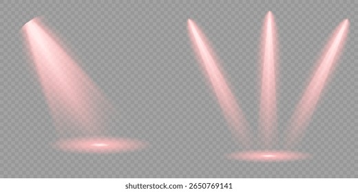 Ilustração iluminada do efeito de destaque. Raio de luz de estágio vermelho brilhante isolado em fundo transparente vazio. Conjunto vetorial de holofote isolado e iluminação de estúdio para seus designs em tons de vermelho.