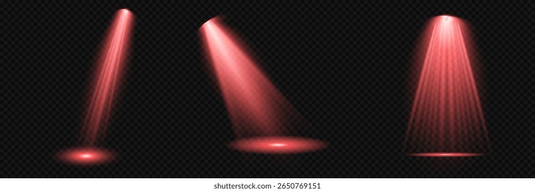 Spotlight effect illuminated illustration. Red glowing stage light ray isolated on empty transparent background. Vector Set of Isolated Spotlight and Studio Lighting for Your Designs in Shades of red.