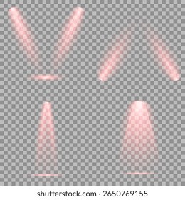 Ilustración iluminada del efecto del proyector. Rayo de luz de etapa brillante rojo aislado sobre fondo transparente vacío. Conjunto de Vector de foco aislado e iluminación de estudio para sus Diseños en tonos de rojo.