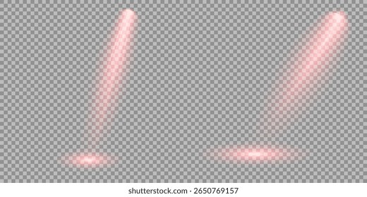 Ilustração iluminada do efeito de destaque. Raio de luz de estágio vermelho brilhante isolado em fundo transparente vazio. Conjunto vetorial de holofote isolado e iluminação de estúdio para seus designs em tons de vermelho.