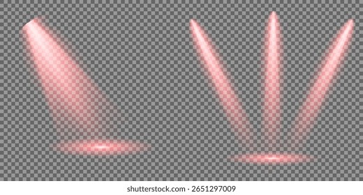 Ilustração iluminada do efeito de destaque. Raio de luz de estágio vermelho brilhante isolado em fundo transparente vazio. Conjunto vetorial de holofote isolado e iluminação de estúdio para seus designs em tons de vermelho.