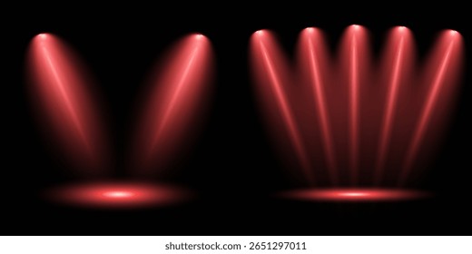 Spotlight effect illuminated illustration. Red glowing stage light ray isolated on empty transparent background. Vector Set of Isolated Spotlight and Studio Lighting for Your Designs in Shades of red.