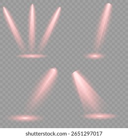 Ilustração iluminada do efeito de destaque. Raio de luz de estágio vermelho brilhante isolado em fundo transparente vazio. Conjunto vetorial de holofote isolado e iluminação de estúdio para seus designs em tons de vermelho.