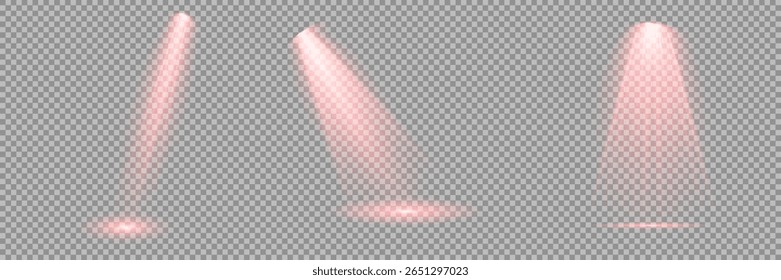 Spotlight effect illuminated illustration. Red glowing stage light ray isolated on empty transparent background. Vector Set of Isolated Spotlight and Studio Lighting for Your Designs in Shades of red.