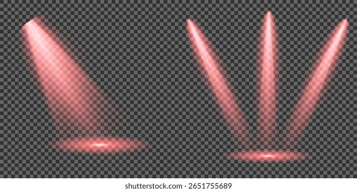 Ilustração iluminada do efeito de destaque. Raio de luz de estágio vermelho brilhante isolado em fundo transparente vazio. Conjunto vetorial de holofote isolado e iluminação de estúdio para seus designs em tons de vermelho.